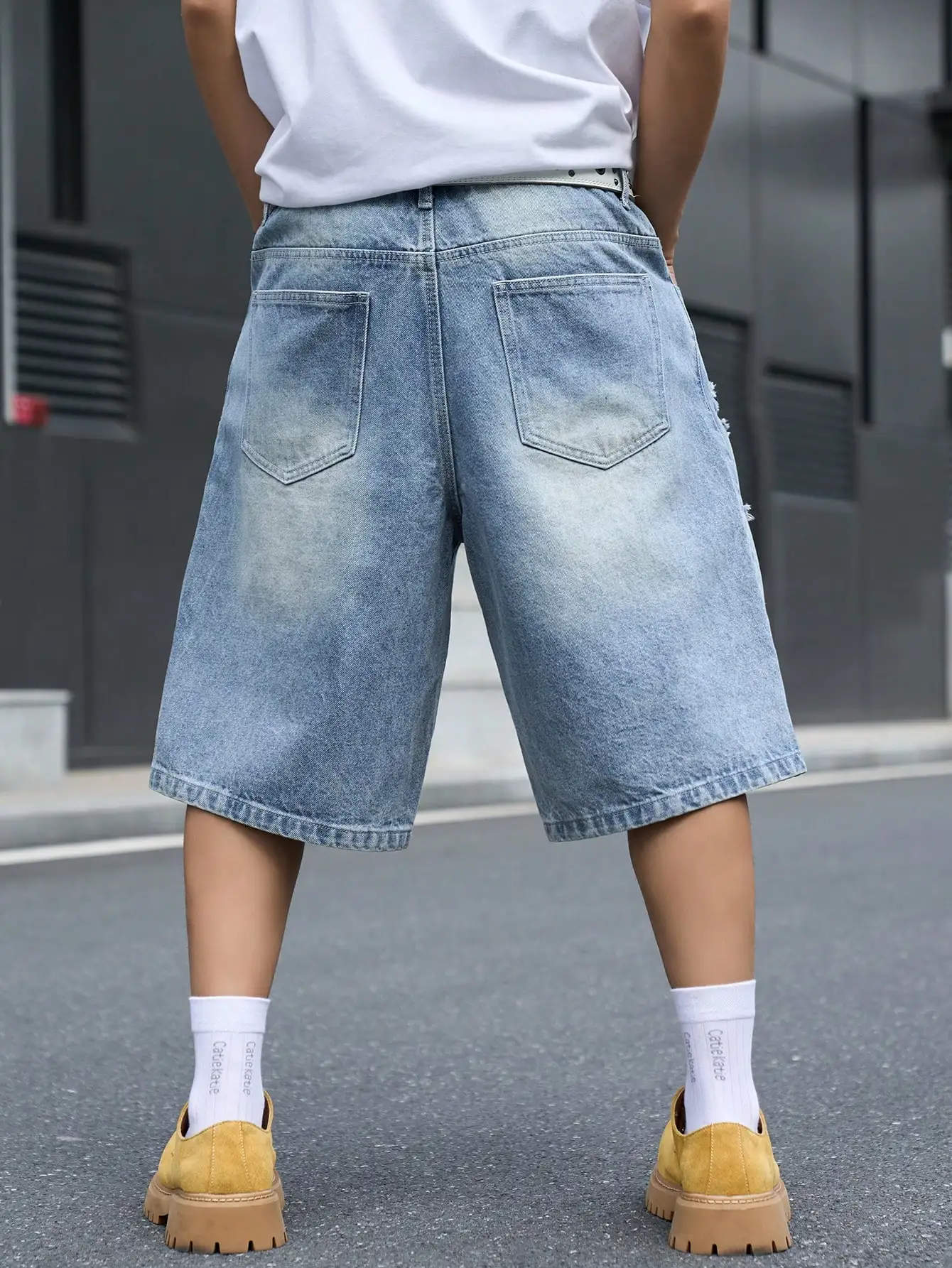 Men's Loose Fit Denim Bermuda Shorts, Vintage Distressed Letter Print Knee-Length Jeans, Y2K Hip Hop Streetwear view 3