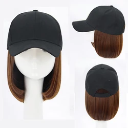 Short Straight Baseball Wig Synthetic Natural Bob Wig Black Hat Wigs Cap with Hair Connect Baseball Cap Adjustable for Women