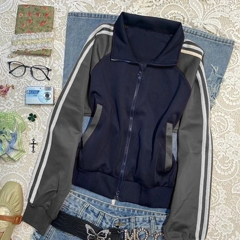 ديبتاون خمر Y2k النساء سترات للعبة البيسبول Harajuku مخطط المرقعة سستة معاطف الكورية نمط رياضي سترات كبيرة الحجم غير رسمية