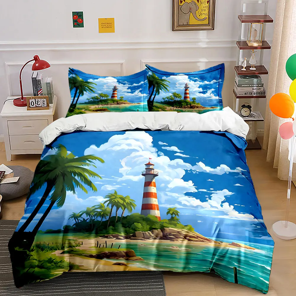 

Seaside lighthouse coconut trees Pattern Duvet Cover Set Digital Print Colorful Polyester Bedding with Zipper Closur for gifts