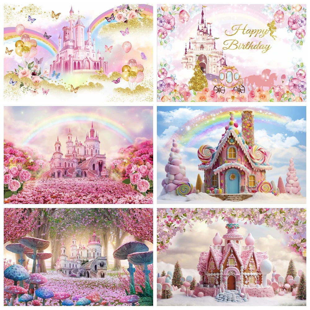 

Princess Castle Backdrops Custom Candy House Balloon Girl Baby Shower Birthday Photography Background Decor Photo Studio Props