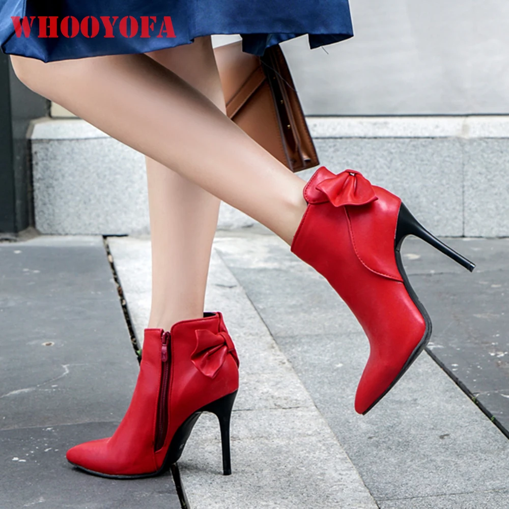 

Winter New Comfortable Red Black Women Ankle Dress Boots High Thin Heels Lady Shoes Plus Big Size 12 43 45 48
