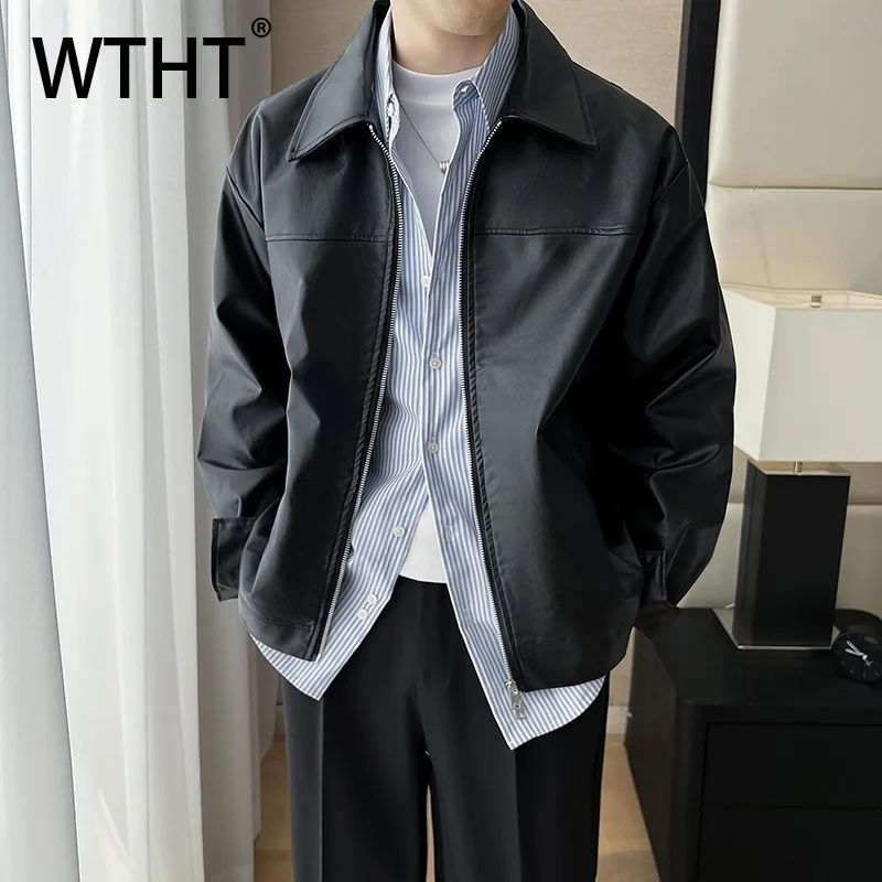 

WTHT Fashion Men's Spliced Leather Pockets Solid Color Jackets Trendy Turn Down Collar Long Sleeves Coat Male 2025 Autumn 2A1202