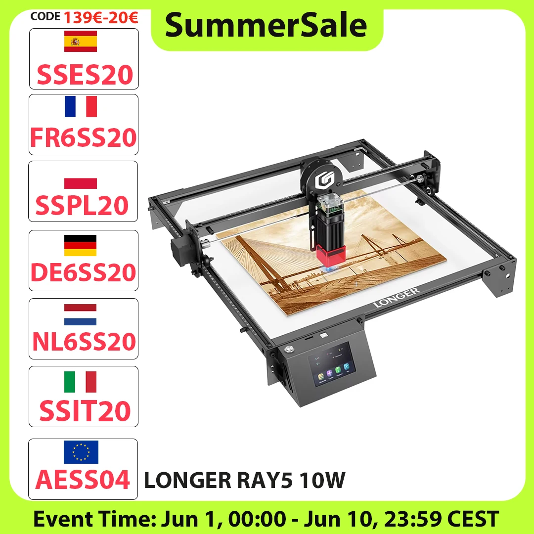 Długa Ray5 10W Grawerka Laserowa, Punkt Laserowy 0,06x0,06mm, Ekran Dotykowy, Rzeźbienie Offline, 32-Bitowy Chipset, Połączenie WiFi 400x400mm