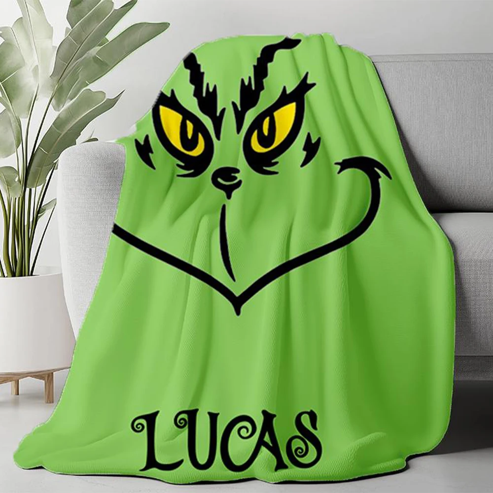 Personalized Customize Name Christmas Throw Blanket, Cartoon Blanket For Boy and Girl,Green Christmas Tree Flannel Blanket