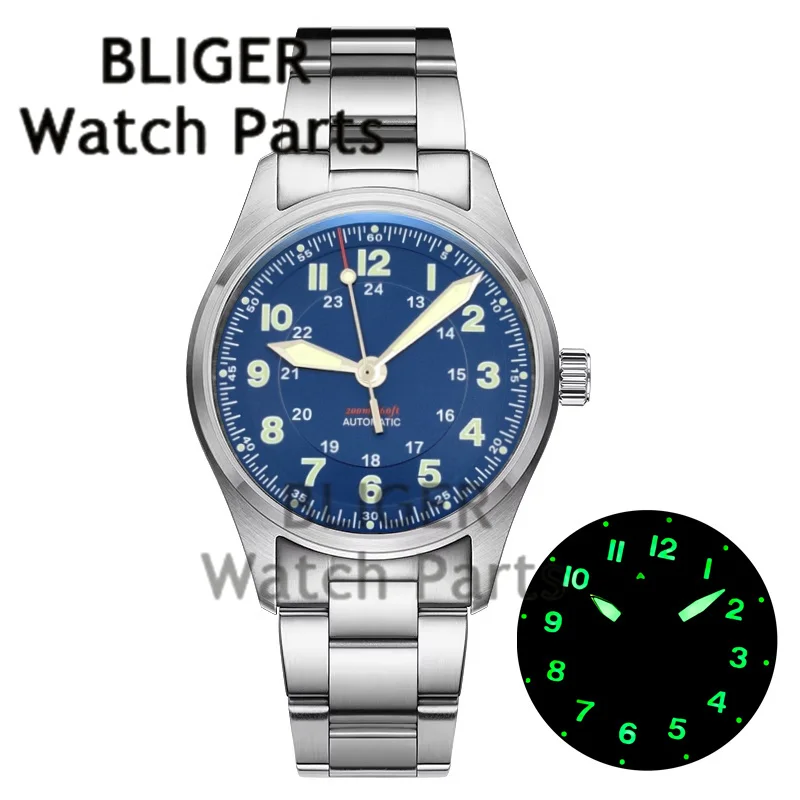 BLIGER New Blue Dial Men's Automatic Mechanical Pilot Watch 100M Waterproof Green Luminous Stainless Steel Watches reloj hombre