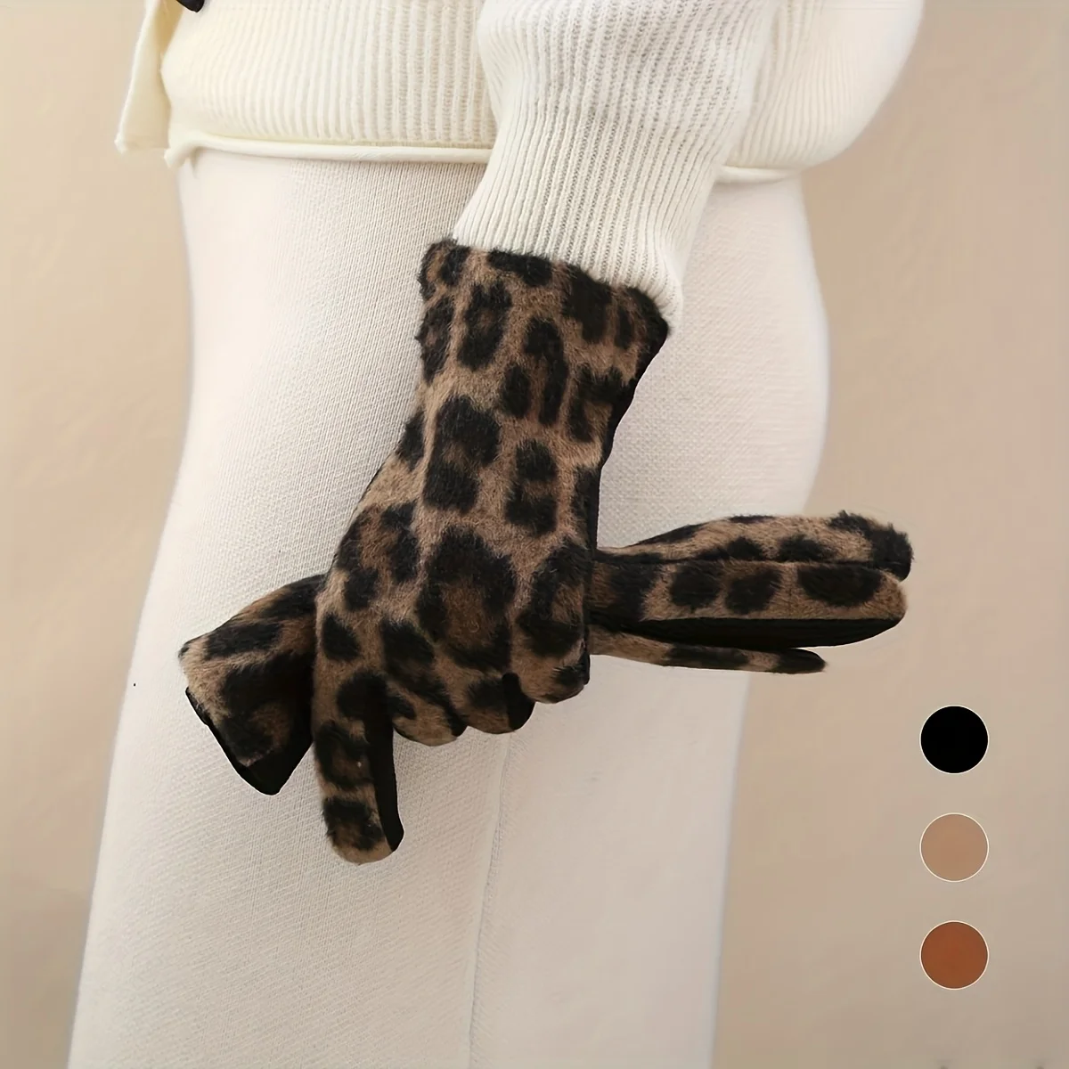 2025 Fashion leopard print gloves, autumn and winter outdoor cycling warm gloves, thickened finger parting gloves