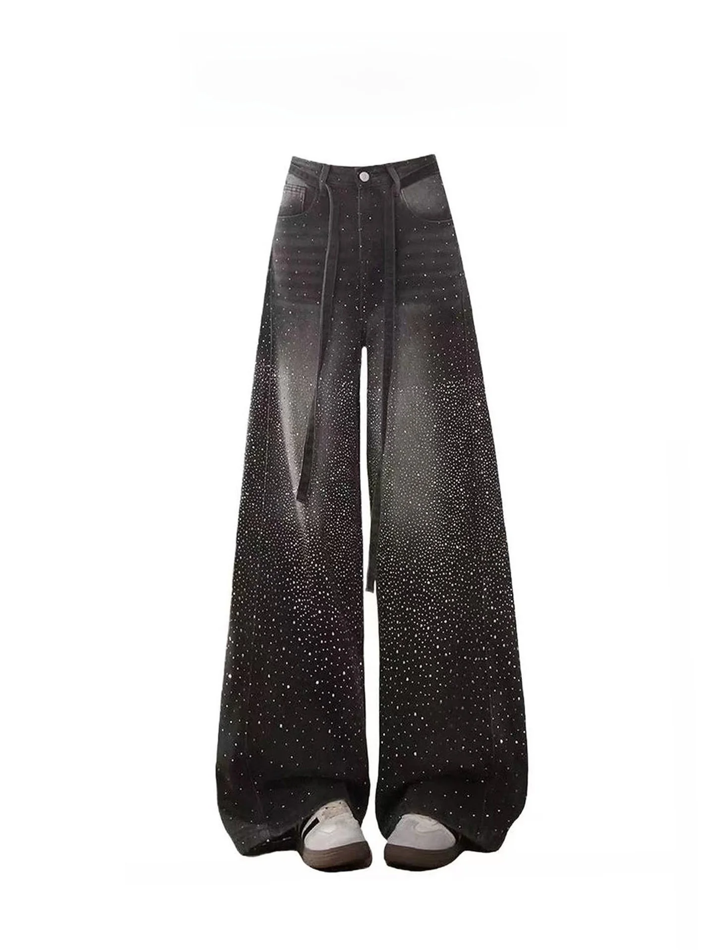 

Retro Heavy Duty Black Rhinestone Wide Leg Jeans Women's Summer New High Waist Loose Straight Floor-Length Pants