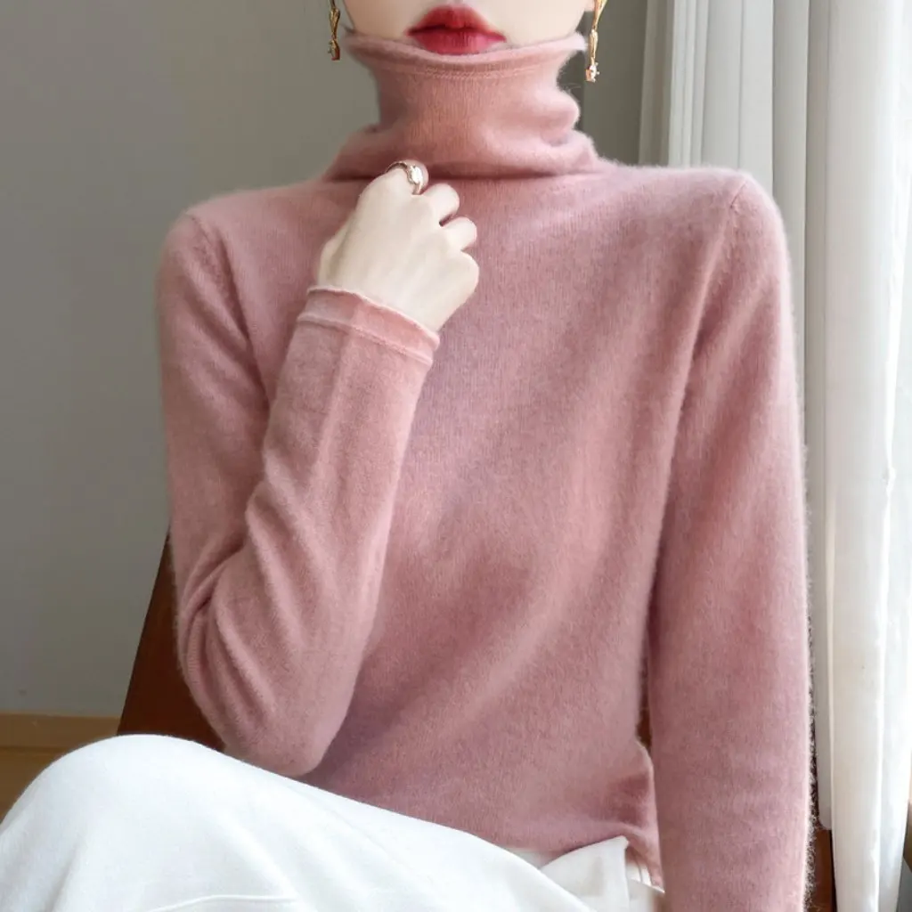 

Women's Pile Collar Woolen Sweater 100% Pure Wool Knitted Turtleneck Bottoming Sweater for Autumn Winter New Style Rolled Edge