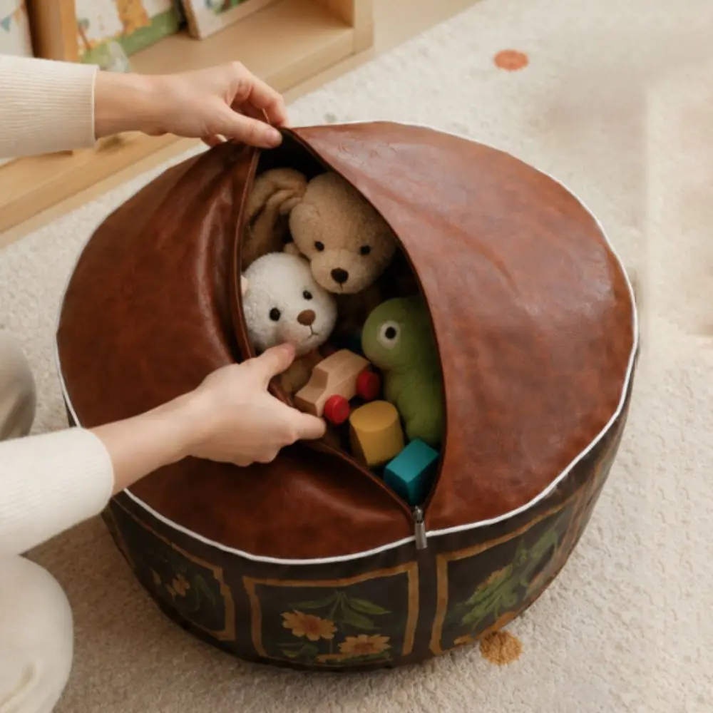 PU Leather Oil Painting Pattern Stool Cover Waterproof Large Capacity Footstool Cover Round Rustic Style Floor Seat Cushion