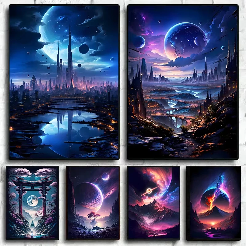 Diamantmalerei Surrealismus Anime Fantasy Planet Landschaft Universum Weltraum Diamantmalerei Wandkunst für Zimmer Heimdekoration mit Rahmen
