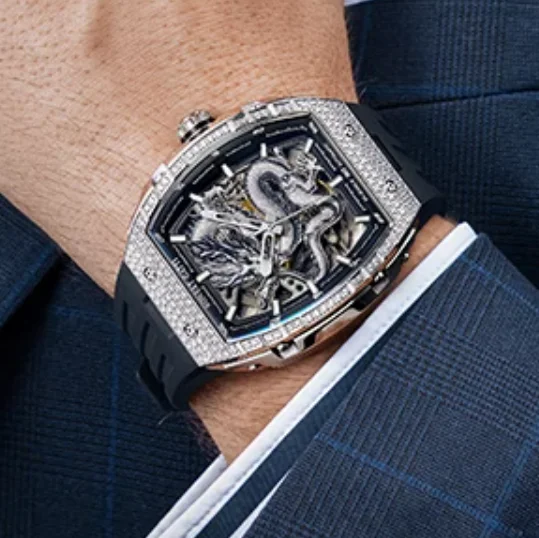 

BONEST GATTI Men Automatic Watch Tonneau Mechanical Wristwatch Waterproof Sapphire Mirror Luminous FKM Strap Dragon Dial