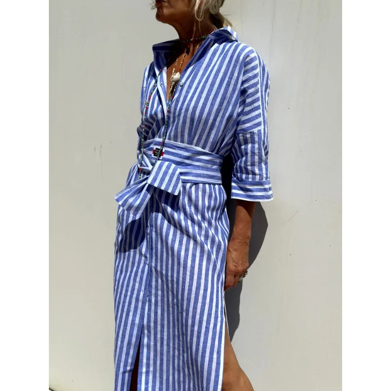 Summer Women Loose Print Bohemian Dress Elegant Stripe Half Sleeve Turn Down Collar Single Breasted Lace Up Long Shirt Dress