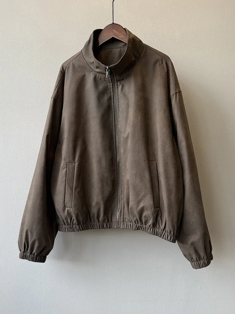 Veste ample décontractée pour femmes, manteau, nouvelle mode rétro marron, poches, fermeture éclair, vestes courtes, Chic, Simple, vêtements d'extérieur, automne 2025