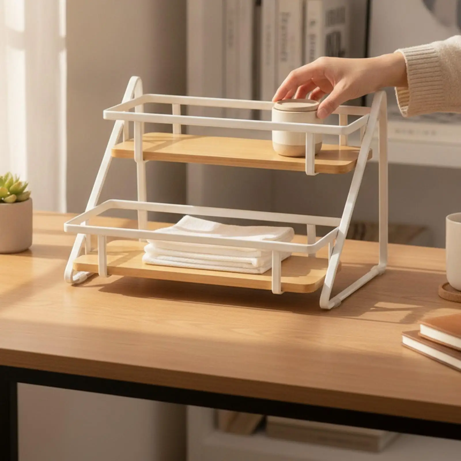 Sturdy Steel Frame Kitchen Rack with Wooden Shelves Countertop Storage Organizer for Condiments Cosmetics and Small Containers