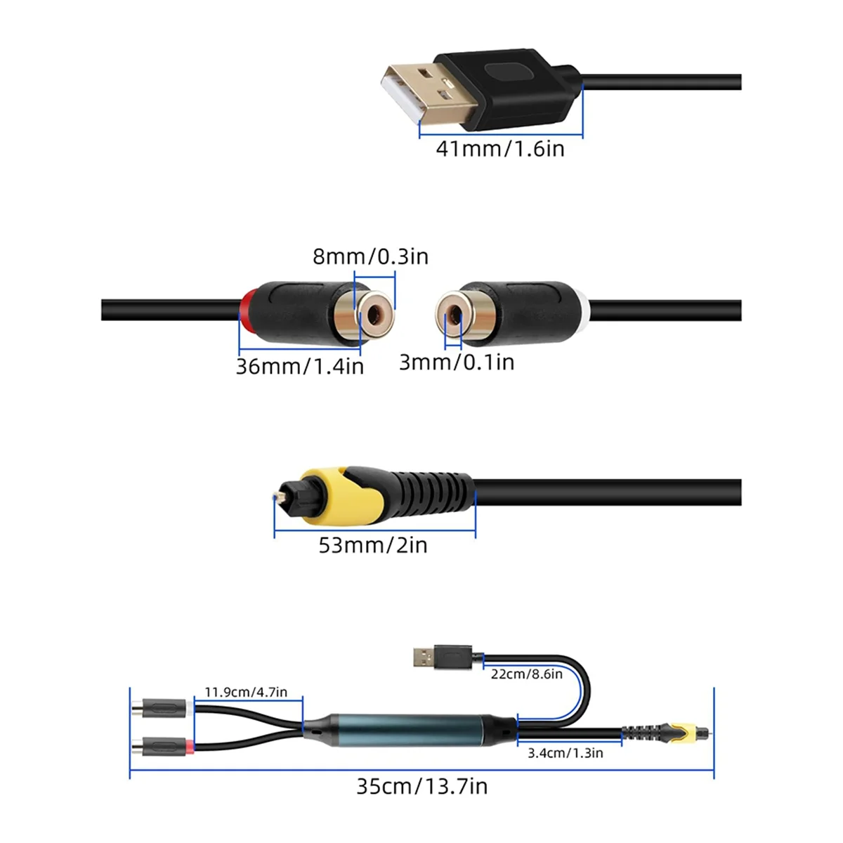Optical to Dual RCA Audio Cable Digital Fiber to Female Cable with