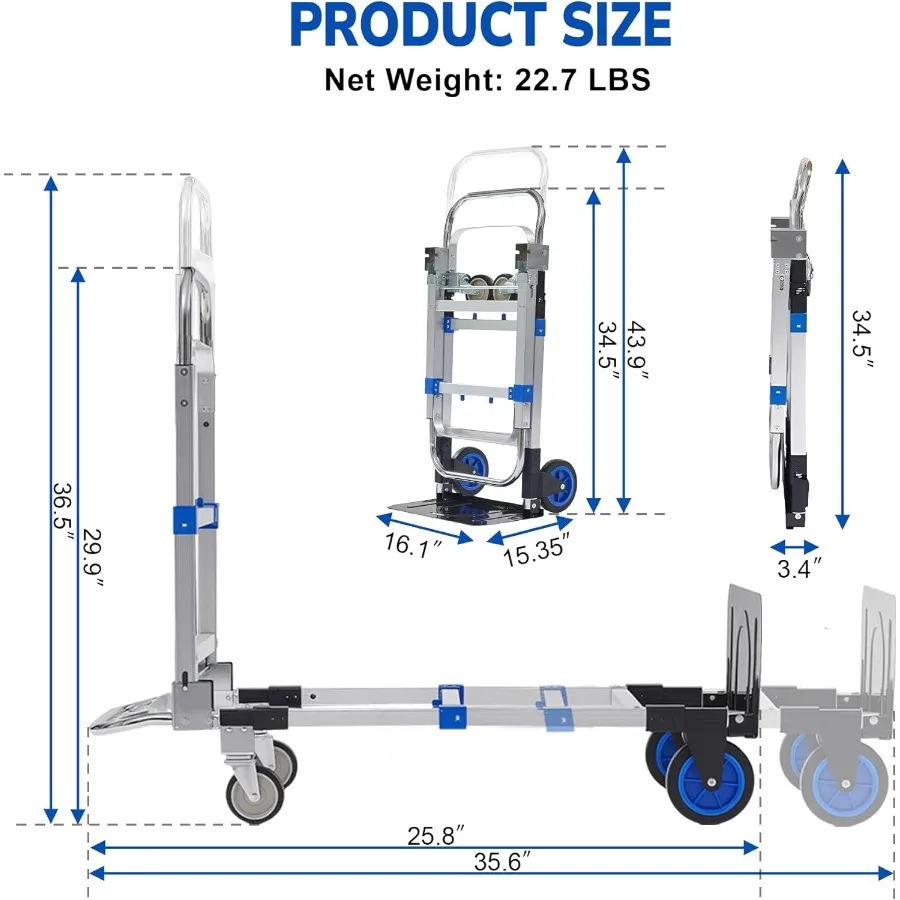 شاحنة يدوية قابلة للطي من الألومنيوم 3 في 1 بسعة 600 رطل للاستخدام في المكاتب المنزلية والمستودعات: دمية شديدة التحمل قابلة للتحويل #2