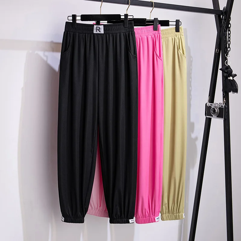 

100/150kg Big Size Women Clothing Women Summer Wear Women Leggings Cuffed Pants Show Thin Summer High Waist Loose Ice Silk Pants