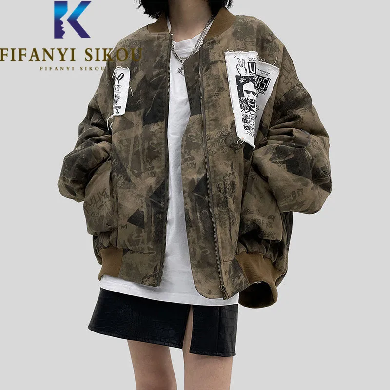 

Tie Dye Print Bomber Jacket Women Pocket Zipper Embroidery Couples Jacket Coat Fashion Streetwear Loose Harajuku Jackets Female