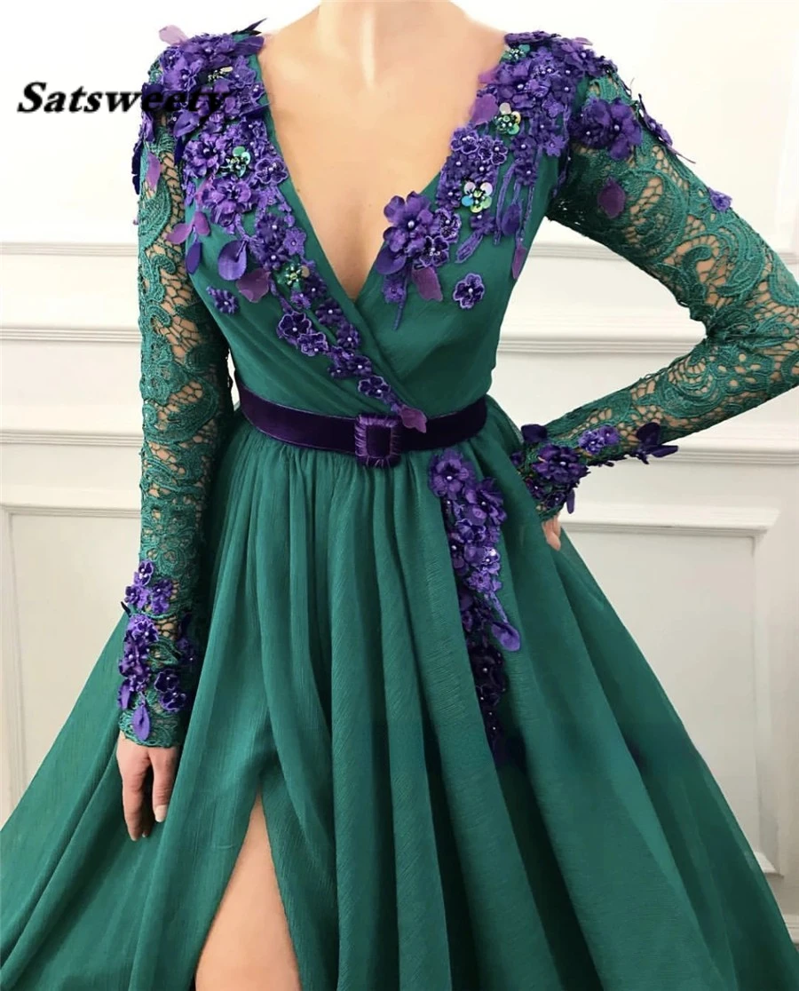 V-neck Handmade Purple Flowers Prom Dress Long Sleeves Front Slit Sexy Evening Dress with Belt vestidos de noivas