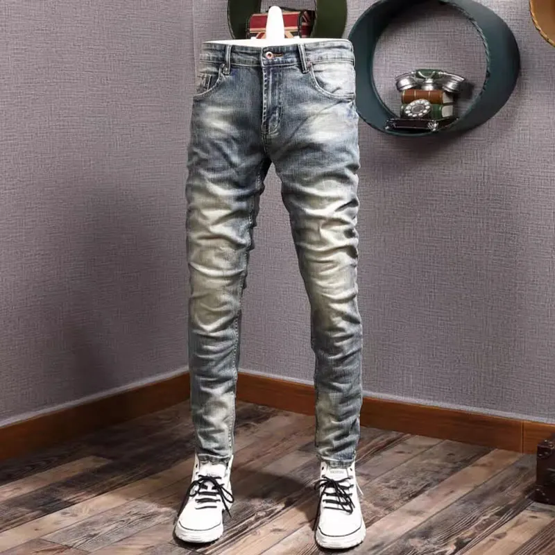 Streetwear Fashion Men Jeans Retro Washed Elastic Slim Fit Ripped Jeans Men Trousers Vintage Designer Casual Denim Pants Hombre