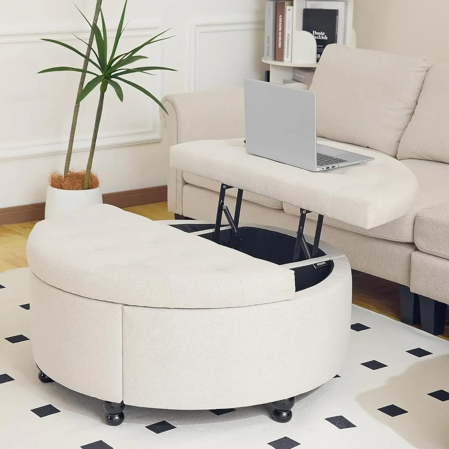 

Round Storage Ottoman Coffee Table, Upholstered Coffee Table with Lift Top, 35" Large Ottoman with Storage Linen Fabric