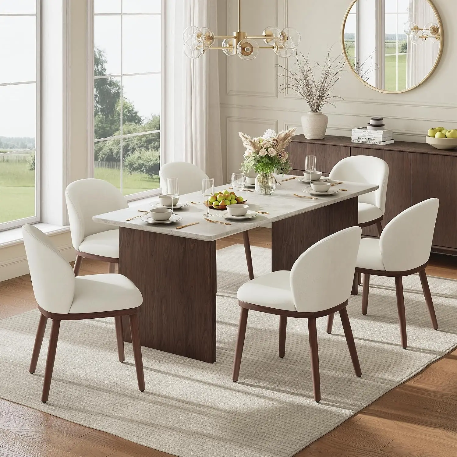 Mid-Century Modern Dining Chairs Set of 6, Upholstered Kitchen Chairs with Solid Wood Legs & Built-in Handle,, Customized view 5