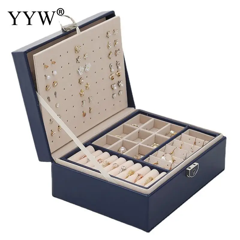 Jewelry Box Women Gift Large Leather Jewelry Organizer Storage Case With Two Layers Display For Earrings Bracelets Rings Watches