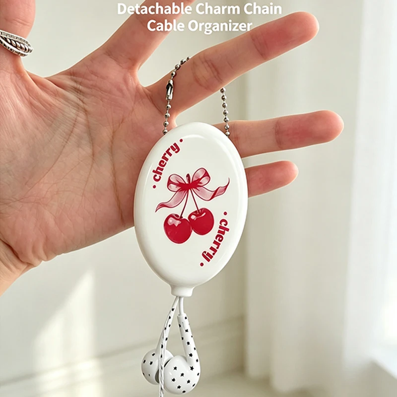 Vintage Cherry Girl Printed Wired Earphone Storage Box Soft Rubber Mini Coin Wallet Portable Keychain Pendant Small Storage Bag