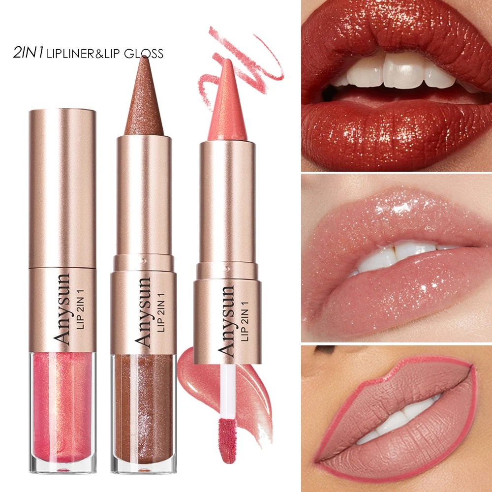Double Head 2-in-1 Lip liner+Lip Gloss Waterproof and Durable Fine Shiny Mirror Gloss