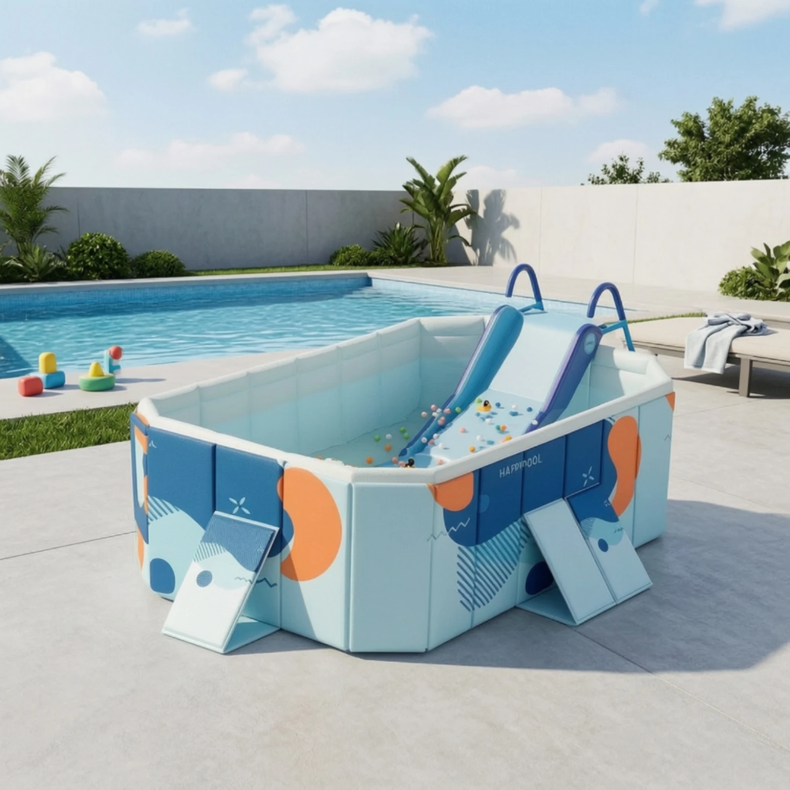Pool with Slide Foldable Non-Inflatable Pool Easy Setup Sturdy for Children, Backyard, Garden