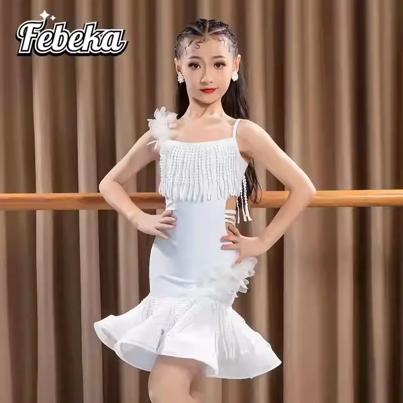 

2025 Spring/Summer New Latin Dance Costume for Girls, Children's Satin Fringe Practice Bodysuit, Kids Dance Outfit Performance W