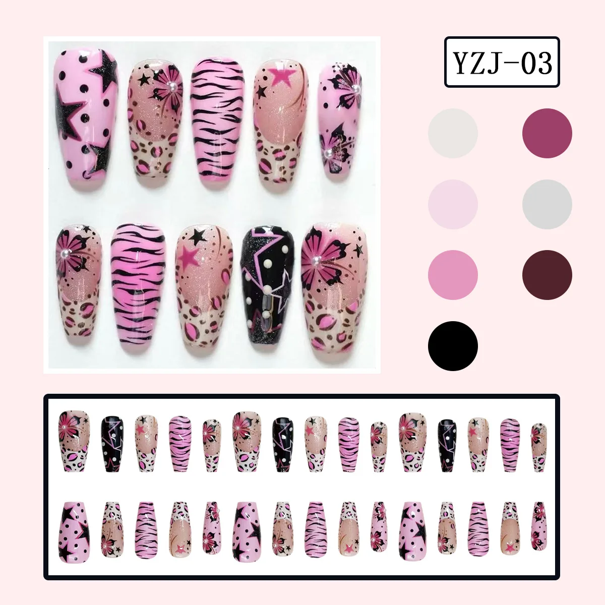 30 Stück Ballett Y2k Stil Press on Nails Schwarz Rosa Stern Blume Gedruckt Fake Nail Tips Tragbare Spicy Girls Falsche Nagelflicken – Detail 6