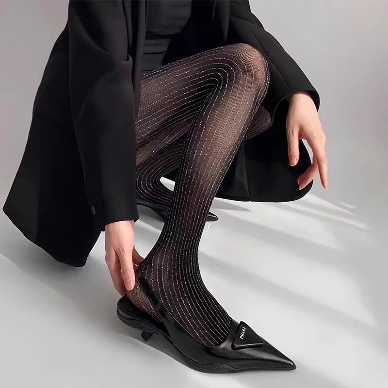 Talenza Women's Black Pantyhose Shiny Silver Striped Pantyhose Slim Stockings Tights Women's Sexy Tights Spring Autumn Winter