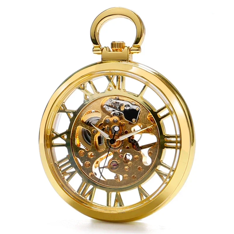 Elegant Pocket Watch Gold FOB Chain Pendant Men Antique Style Analog Watches Skeleton Women Mechanical Modern Best Gift P1039C