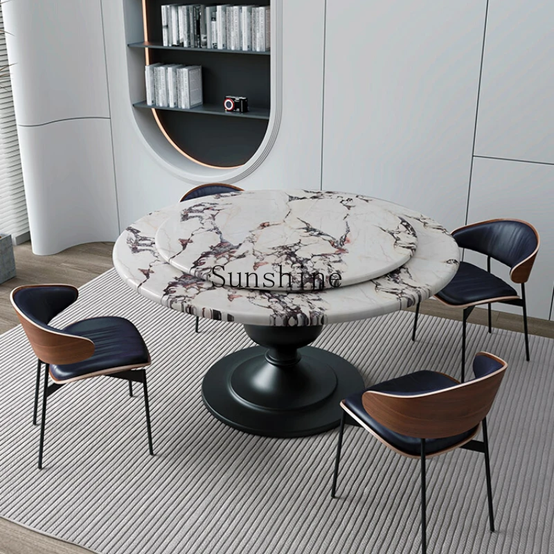 

French retro marble dining table household small apartment with turntable high-end simple medieval round table