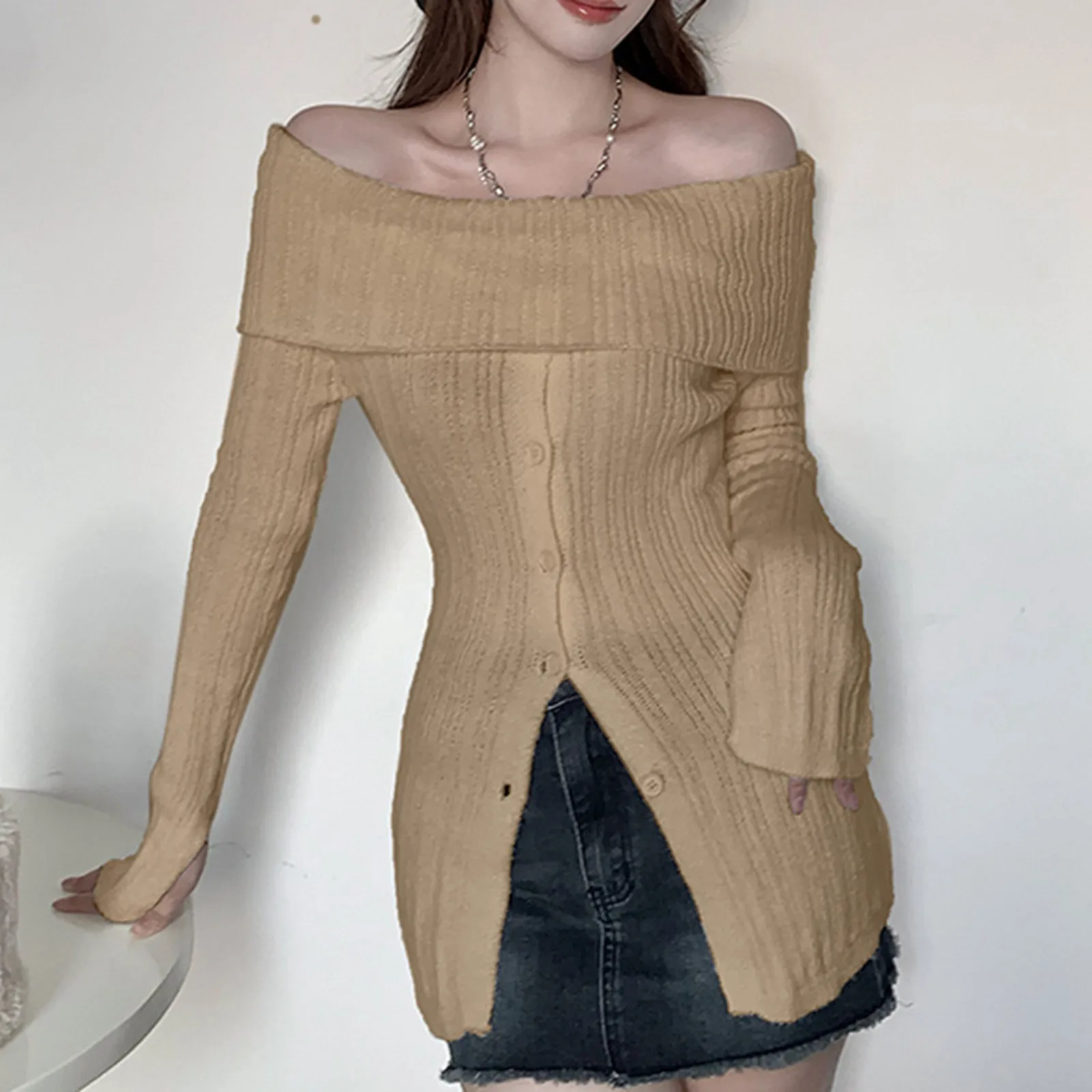 Sexy Womens Off The Shoulder Rib Knit Long Sleeve Sweater Women Spring Fall Casual Solid Button Sweater Streetwear Y2K Clothes