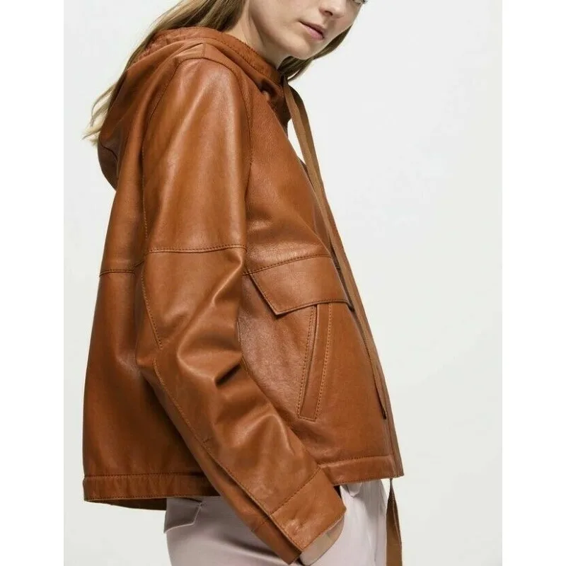 Women Genuine Leather Bomber Toggle Hooded Cape Jacket Brown Button Down Coat