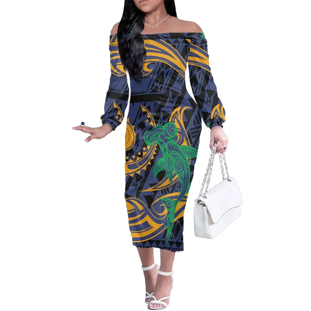 Women's Slim Long Sleeve Off Shoulder Midi Dress, Sexy Bodycon Dress, Hawaiian Tattoo Design, Polynesian Tattoos, Cocktail Party