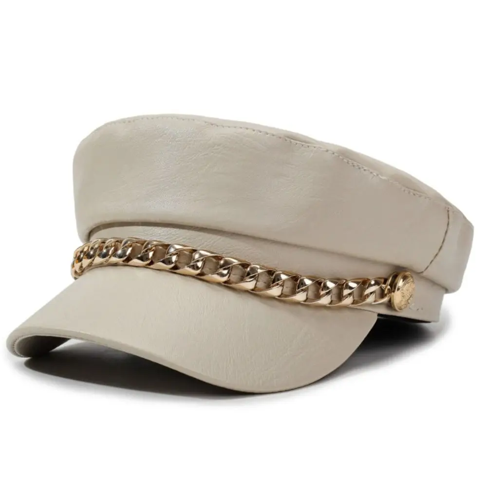 PU Leather Newsboy Cap Chain Decor Solid Color Baker Boy Cap Adjustable Strap Faux Leather Flat Top Cap Casual Street Wear
