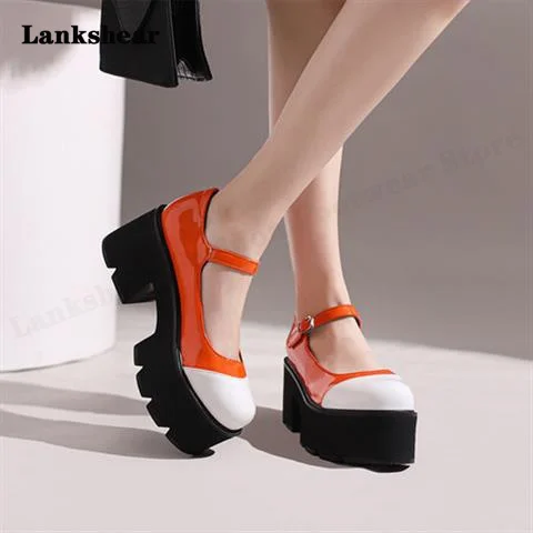 

Top Brand Women Sexy Round Toe Platform Pumps Thick Heel Pumps Black White Orange Leather Low Heels Club Dress Shoes Casual Pump