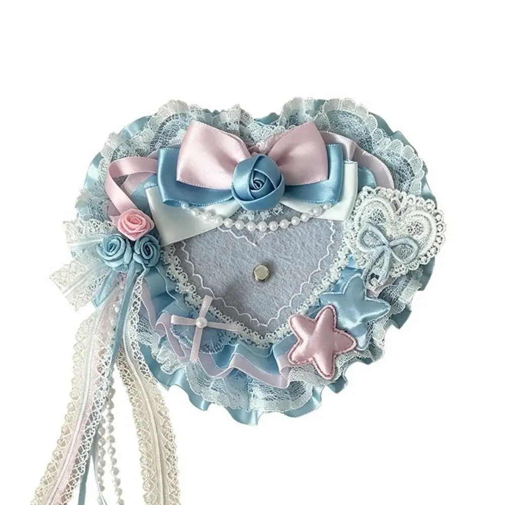 Fabric Heart Shaped Badge Holder Rose Detail Tassel Straps Photocard Holder Protective Pocket Decorative Bow
