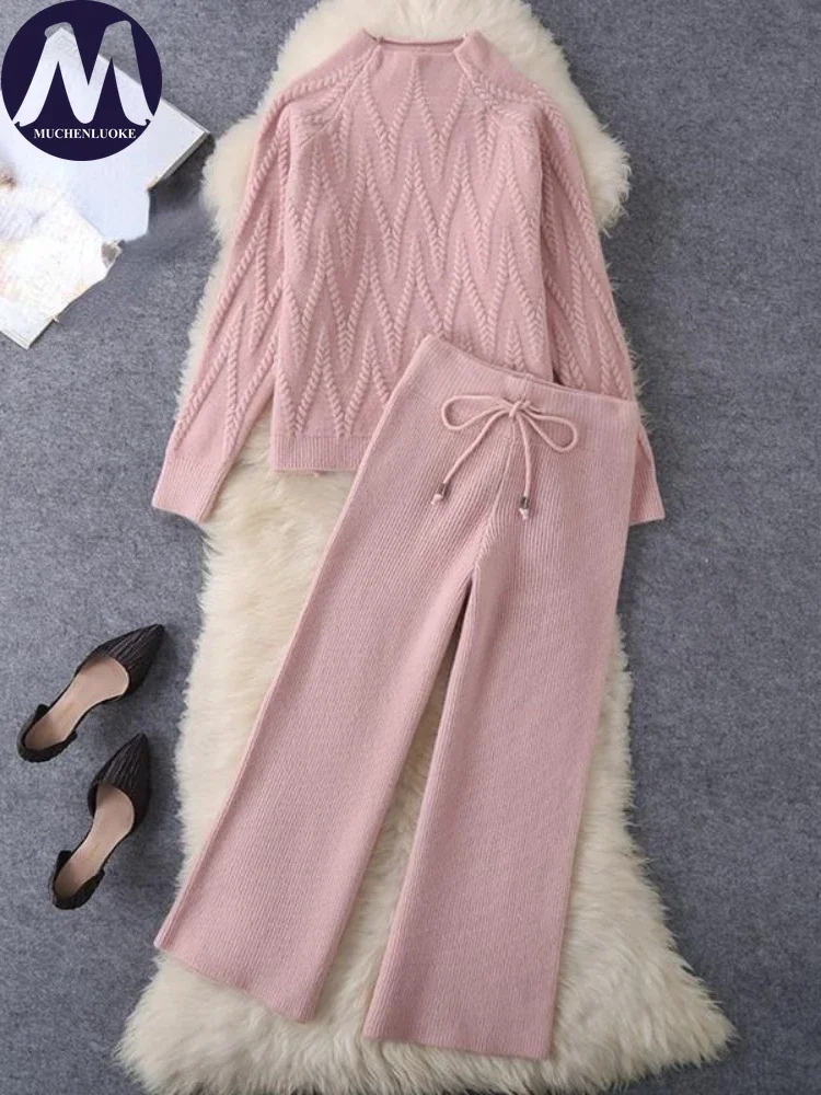 Sets for Women 2 Pieces 2024 Autumn/Winter New Korean Fashion O Neck Knitted Sweater Top Casual Loose Lace Up Wide Leg Pant Sets