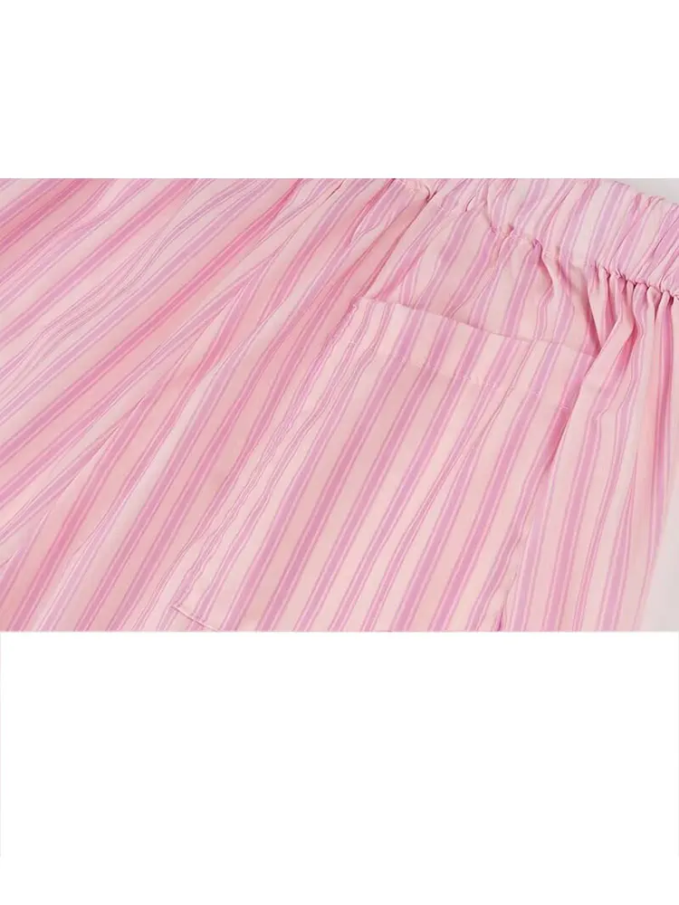 TRAFZA 2024 Summer Women's Casual Street Shirt 2-piece Set Pink Striped Elastic Belt Pocket Decoration Women's Pants Y2K