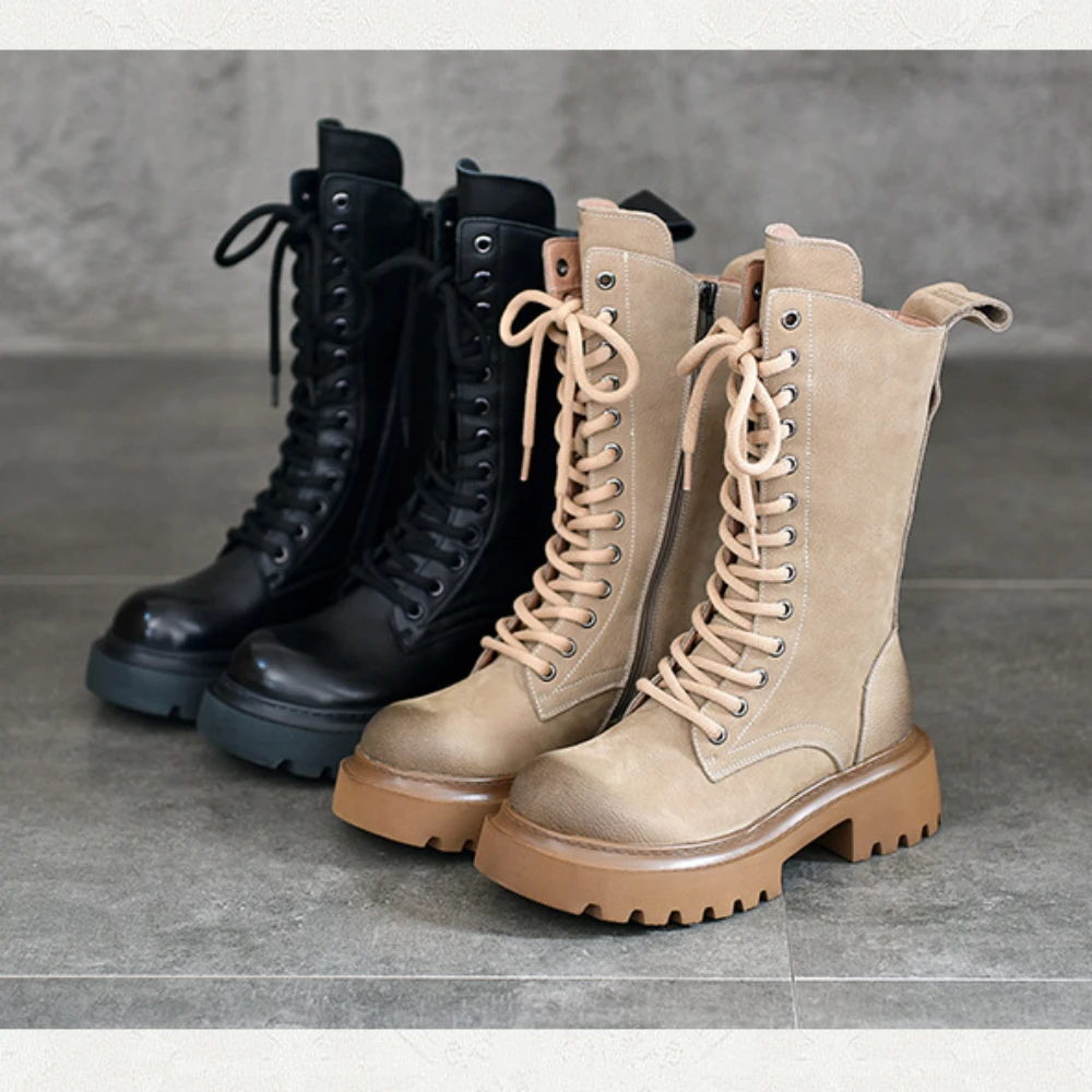 2024 New Ladies Autumn Winter British Style Lace Up Martin Boots Fashion Trend Platform Women's Mid-calf Boots