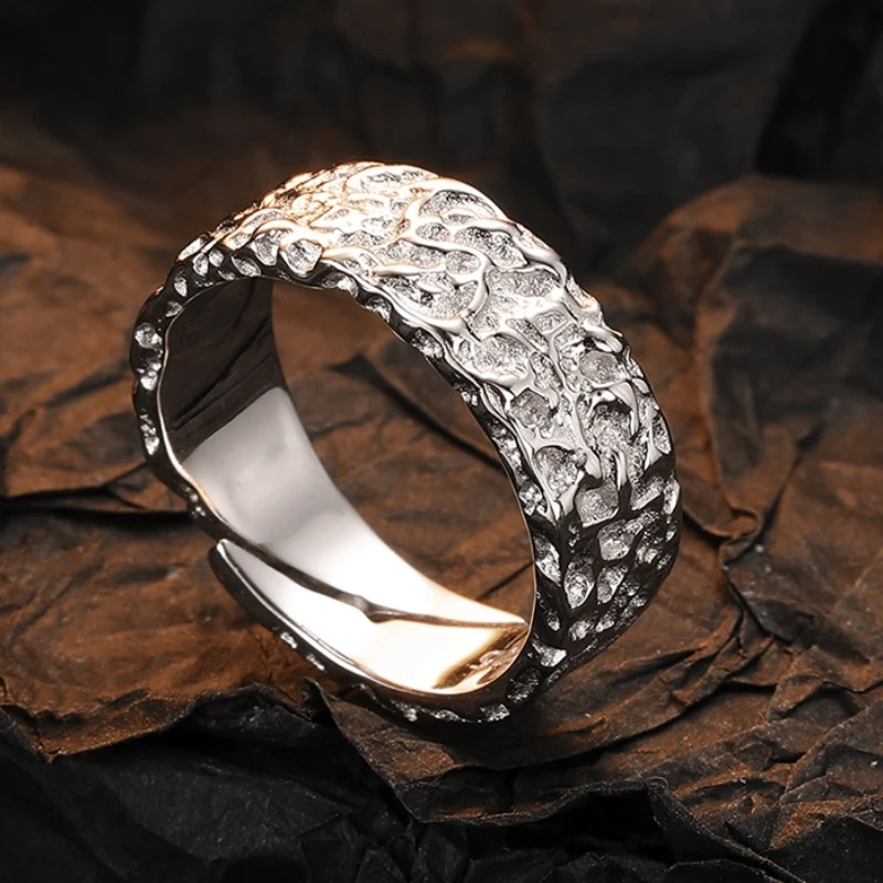 

S925 Sterling Silver Lrregular Skin Paper Texture Ring Opening Personalized Design Lava Ornament