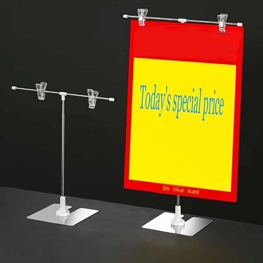 1PC Supermarket T-Shaped Telescopic Poster Stand, Tabletop Stainless Steel POP Display Rack Esktop Shelf Shop Sign Stand