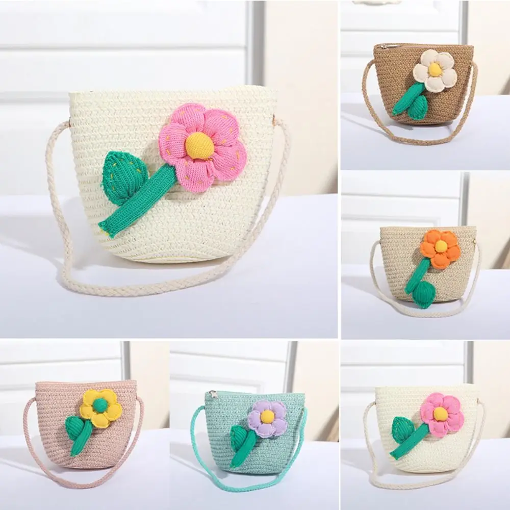 Flower Girl Straw Bag Summer Beach portamonete intrecciato a mano borse a tracolla per bambini Zipper Photo Props borsa a tracolla