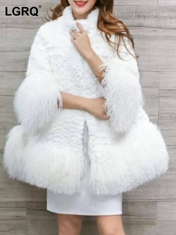 LGRQ Causal Whole Rabbit Fur Furs Tassel Spliced Solid Color Single Breasted High Collar Warm Women's Coat 2024 Winter New 19D46