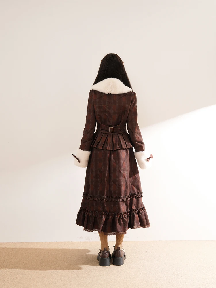 Vintage Sweet Lolita 2 Piece Set Women Plaid Fur Collar Bow Ruffle Trim Lace Slim Fit Cropped Jacket Mini Skirt Elegant Party